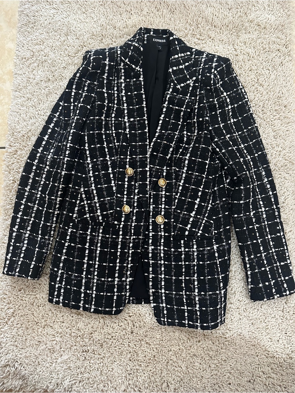 Express Black & White Windowpane Tweed Double-Breasted Blazer